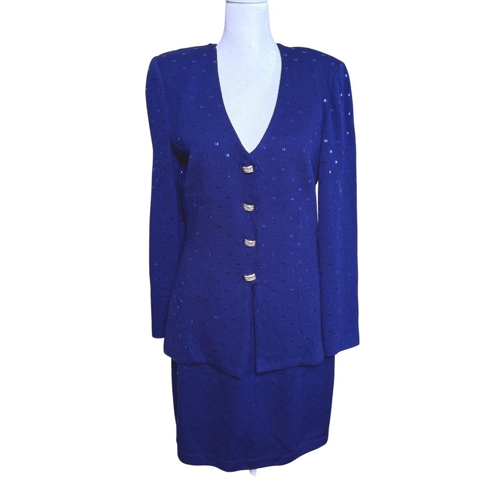 St. John Skirt Suit Women's Sz 6 Colbalt Blue Sequin Santana Knit Crystal Button